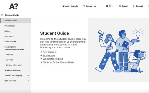 Aalto University Student Guide page with a side navigation menu displayed on the left.