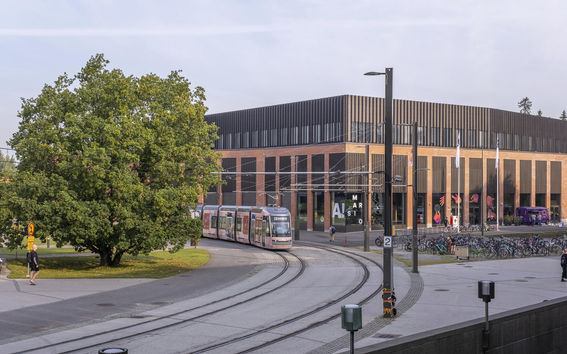 A tram moves past a modern brick building, with a large tree on its left and bicycles parked on the right.