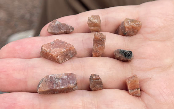 Avoin kämmen, jossa on useita pieniä, vaaleanpunertavia kiviä ja hieman multaa sormessa.