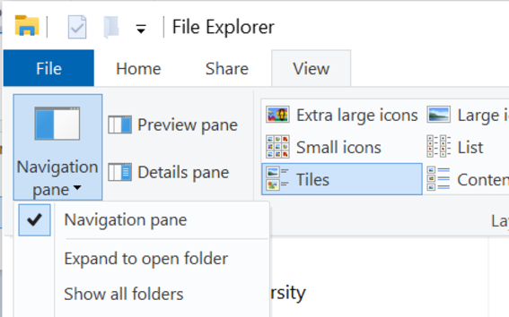 Screenshot of File Explorer options showing Navigation pane and the options under View for Navigation pane.