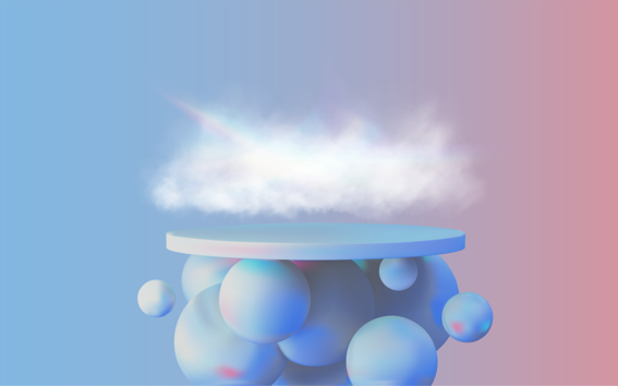 Blue-coral gradient background with a podium floating over balloons and above it a white cloud dispersing a ray of light to its spectral components.