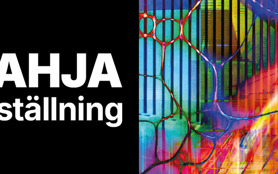 En svart bakgrund med texten 'LAHJA utställning' i vitt och ett färgglatt abstrakt mönster till höger.
