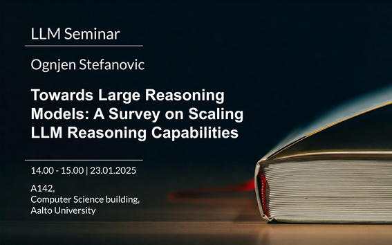 Image with writing about the presenter name, title, time and place of the event. Black background with a book