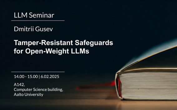 Image with writing about the presenter name, title, time and place of the event. Black background with a book