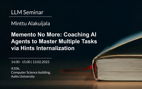 Image with writing about the presenter name, title, time and place of the event. Black background with a book