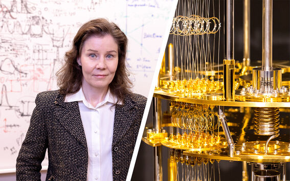 A person in a tweed jacket stands in front of a whiteboard covered in diagrams. Next to them is intricate gold machinery.