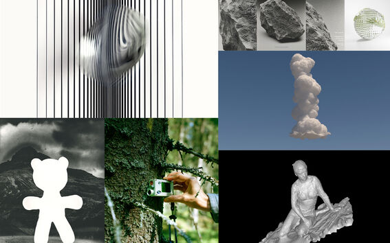 A collage with abstract art, a hand holding a camera by a tree, and a cloud resembling a person.