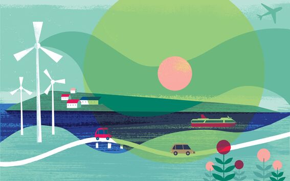 Kuvitus maaseudusta, jossa on tuulivoimaloita, autoja, taloja, laiva, kukkia ja lentokone auringon alla.
