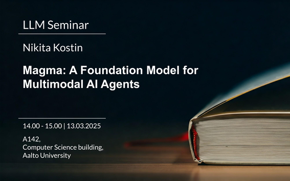 Image with writing about the presenter name, title, time and place of the event. Black background with a book