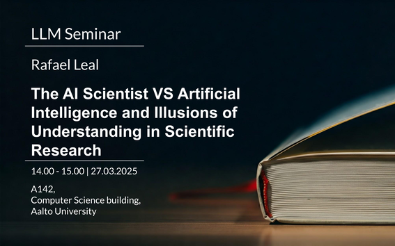 Image with writing about the presenter name, title, time and place of the event. Black background with a book