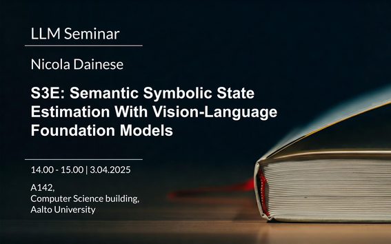 Image with writing about the presenter name, title, time and place of the event. Black background with a book