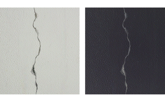 Two images of a cracked wall, the left one light grey and the right one dark grey.