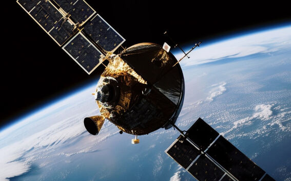 A satellite with solar panels orbits Earth with a view of clouds and oceans below.