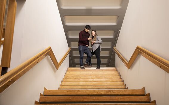 Kaksi ihmistä seisoo portaikon yläpäässä keskittyneenä katsomaan jotain toisen henkilön matkapuhelimesta.