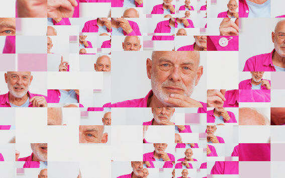 Collage of a bald man in a pink shirt with mixed rectangular segments showing his hand gestures.