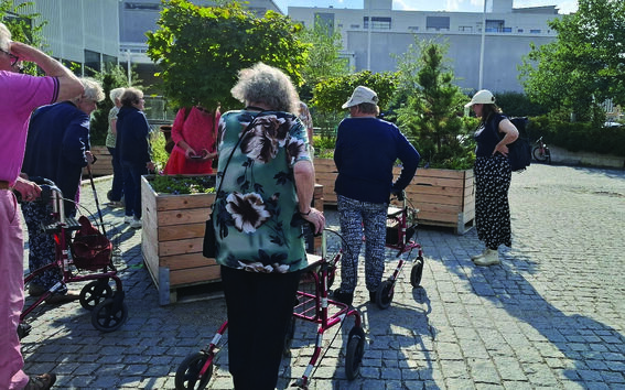 Ikääntyneitä asukkaita katsomassa kasvatuslaatikoita kirjaston edessä