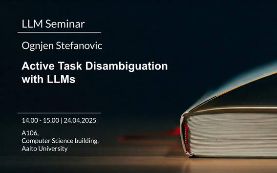 Image with writing about the presenter name, title, time and place of the event. Black background with a book