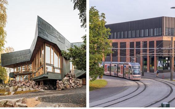 Split image of a modern wooden building with a unique roof on the left and a tram passing by a brick building on the right.