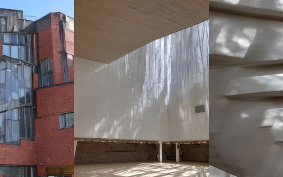 Kollaasi: punatiilinen rakennus epäsäännöllisine ikkunoineen, kirkas atrium korkeilla seinillä, valoa heijastava valkoinen pintakuvio.