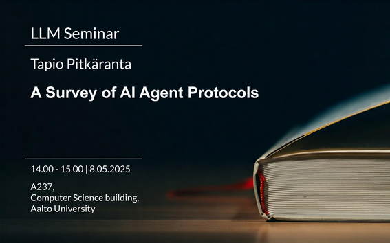 Image with writing about the presenter name, title, time and place of the event. Black background with a book