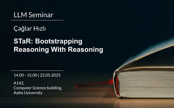 Image with writing about the presenter name, title, time and place of the event. Black background with a book