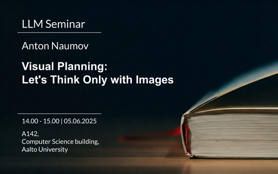 Image with writing about the presenter name, title, time and place of the event. Black background with a book