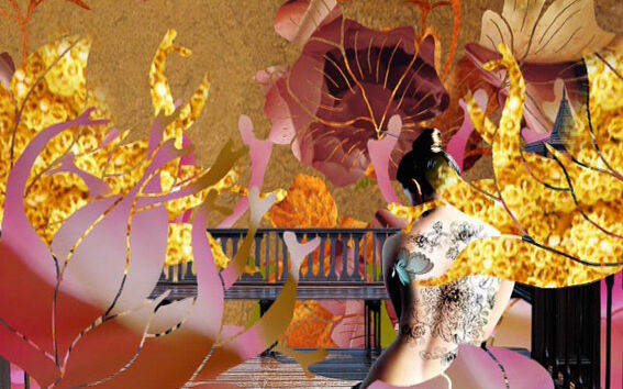 A person with a tattooed back stands on a bridge surrounded by vibrant abstract floral designs and patterns.