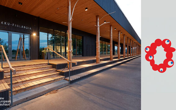 The Pikku-Finlandia building with wooden pillars at dusk. Logos of Aalto University, New European Bauhaus, and EXPO 2025.