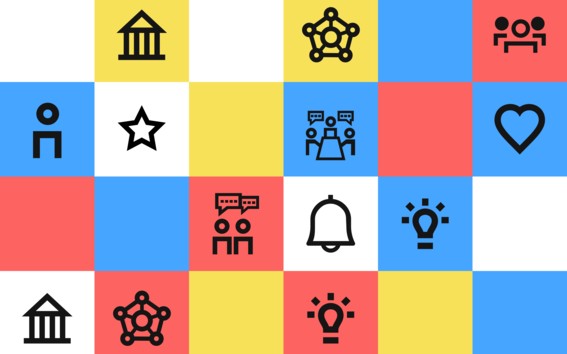 Patterned grid with various icons including hearts, stars, light bulbs, and group discussions.