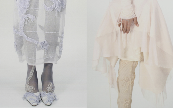 Two close-up images of women's legs wearing white and pastel-coloured outfits, with intricate designs and lace detailing.