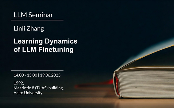 Image with writing about the presenter name, title, time and place of the event. Black background with a book