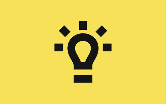 Black light bulb icon with radiating lines on a yellow background.