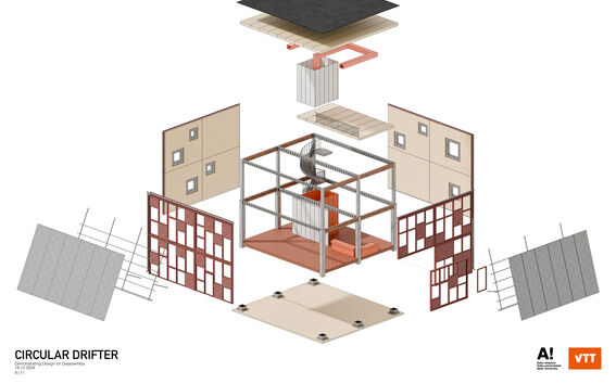 Piirroskuva rakennuksen rakenteesta kerroksineen ja komponentteineen, mukaan lukien seinät, katto ja perustus.