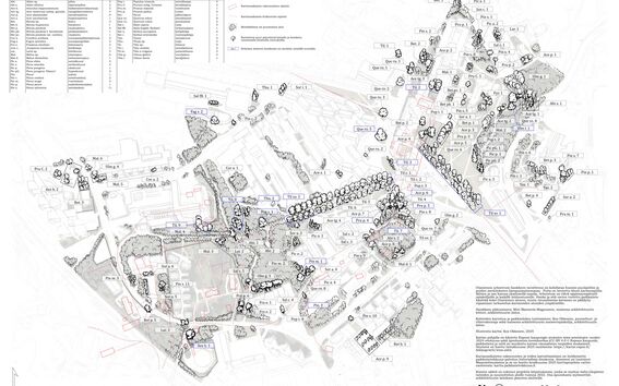 Yksityiskohtainen kartta Otaniemen arboretumista.