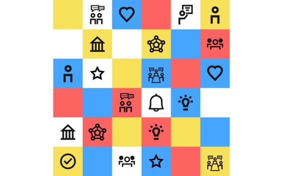 Ruudukko, jossa on sosiaalisen ja viestinnän kuvakkeita värillisillä neliöillä; sininen, punainen, keltainen ja valkoinen.