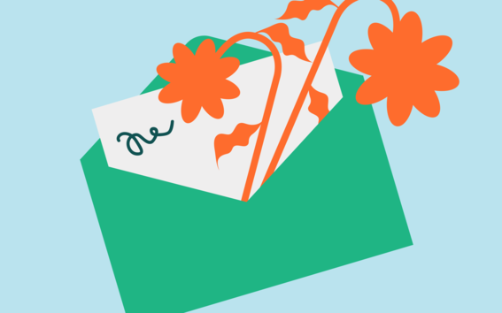 Illustration of a green envelope with orange flowers and a white card inside.