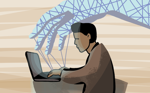 Illustration: AI fingers creep onto keyboard, human skills decline