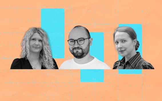 Three people with varied hairstyles in front of a peach background with blue squares and dots.