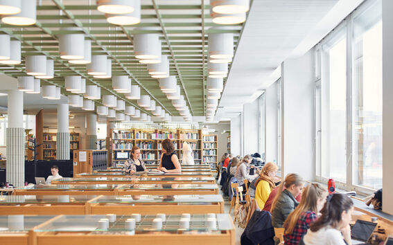 Image of a library where students are sitting by the window studying.