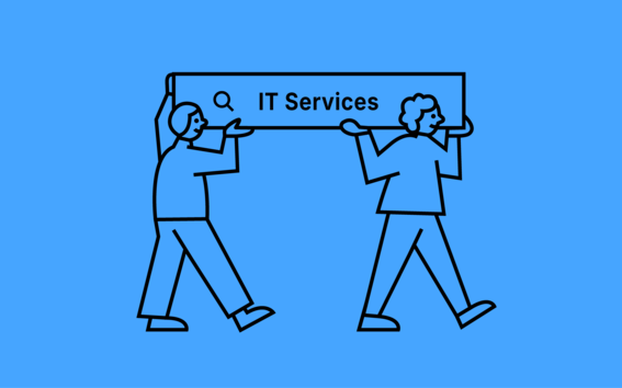 Two people carrying a sign with 'IT Services' written on it and a magnifying glass icon.