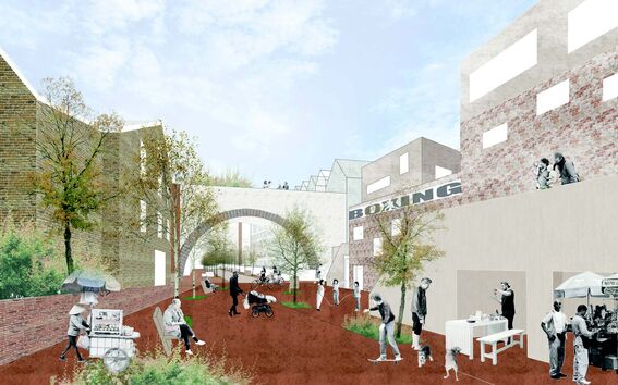 A busy street scene with people walking, sitting, and browsing stalls. Brick buildings and an archway in the background.