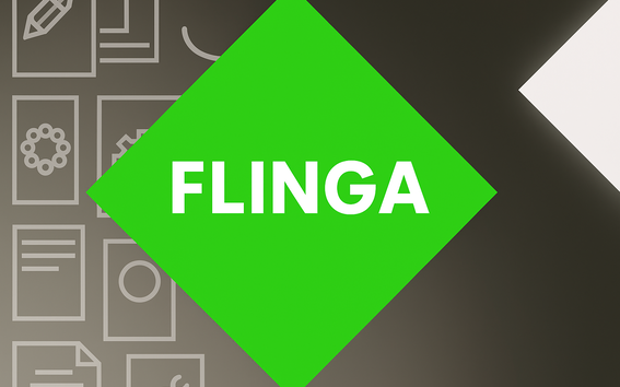 A green diamond shape with the text 'FLINGA' on a grey background with various document icons.