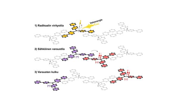 Kaavio, jossa kuvataan radikaalin viritystila, sähköinen varustila ja varausten kulku nimetyillä rakenteilla.