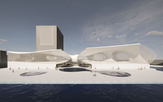 Modern waterfront building with curvy glass facades, central archway, and people walking in front. Tall tower behind.