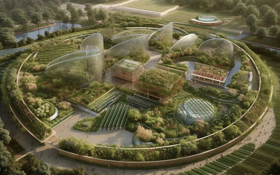 Aerial view of a large botanical garden with multiple greenhouses, surrounded by dense forest and fields.