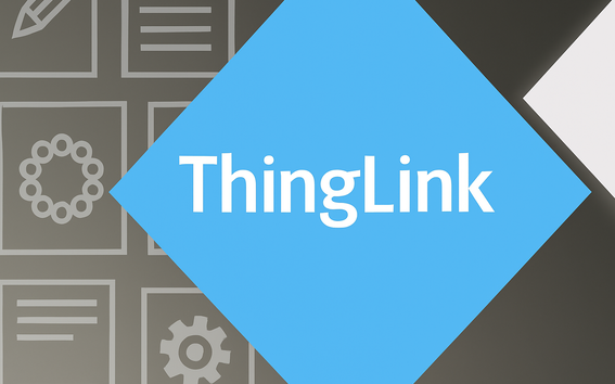 ThingLink logo in white text on a blue diamond shape, with grey background featuring icons of a pencil, gear, and documents.