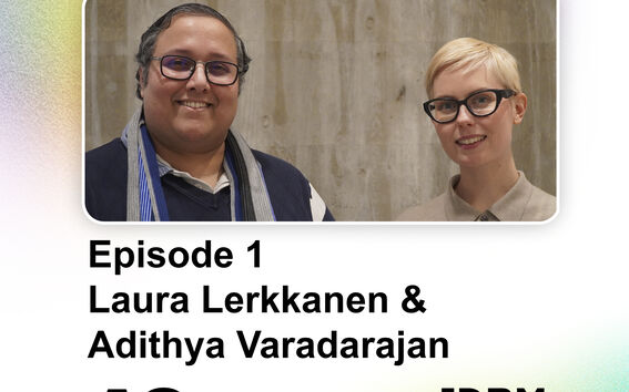 Two people standing against a concrete wall. Text: Episode 1 Laura Lerkkanen & Adithya Varadarajan. Aalto University logo.