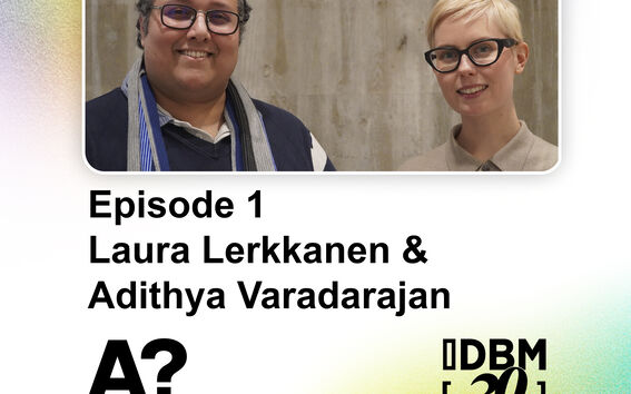 Two people standing against a concrete wall. Text: Episode 1 Laura Lerkkanen & Adithya Varadarajan. Aalto University logo.