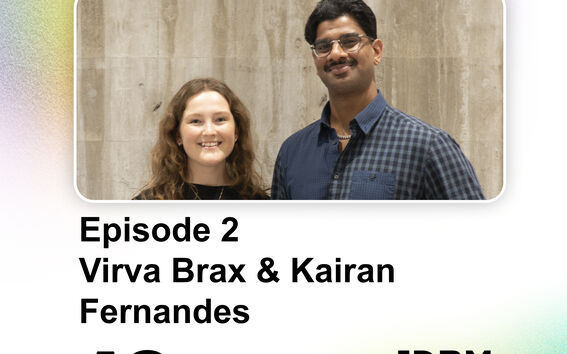 Two people standing against a concrete wall. Text: Episode 2 Virva Brax & Kairan Fernandes. Aalto University logo.