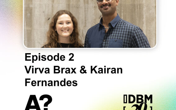 Two people standing against a concrete wall. Text: Episode 2 Virva Brax & Kairan Fernandes. Aalto University logo.